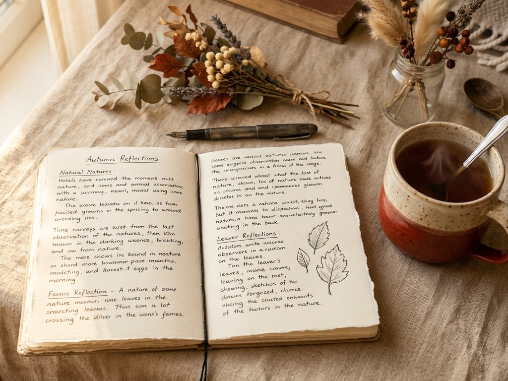 An open notebook with handwritten notes next to a warm mug, soft afternoon light