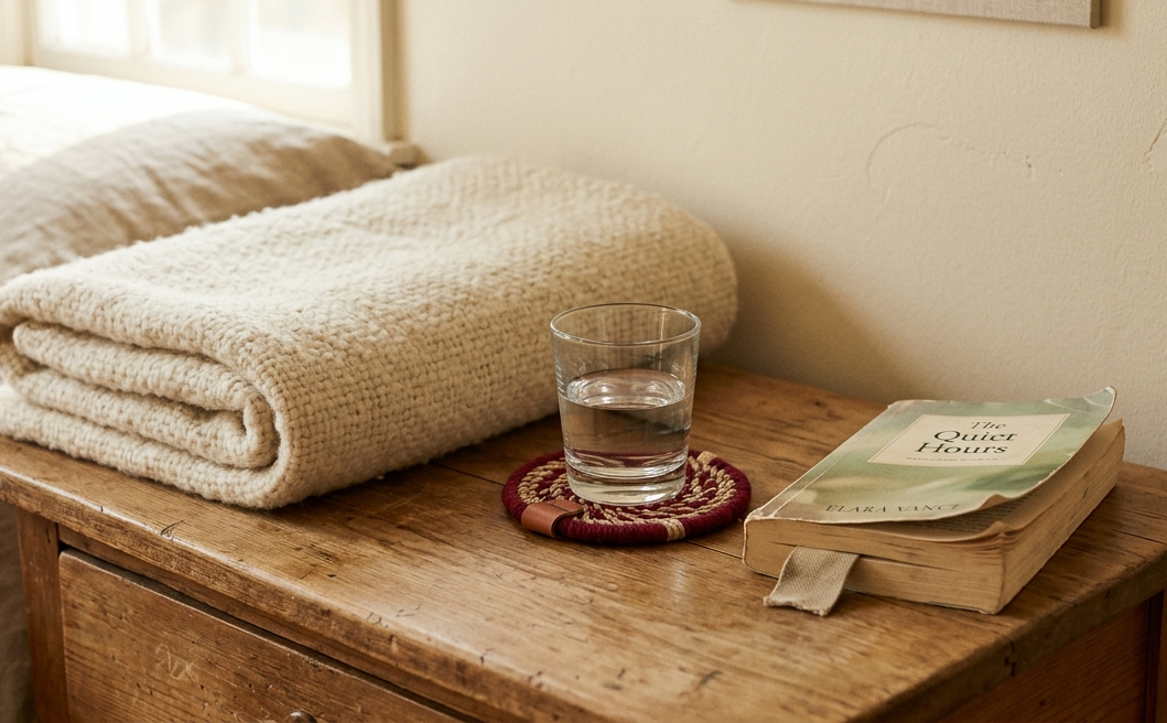 Soft morning light falling across a wooden bedside table, with a folded woolen blanket and a small glass of water