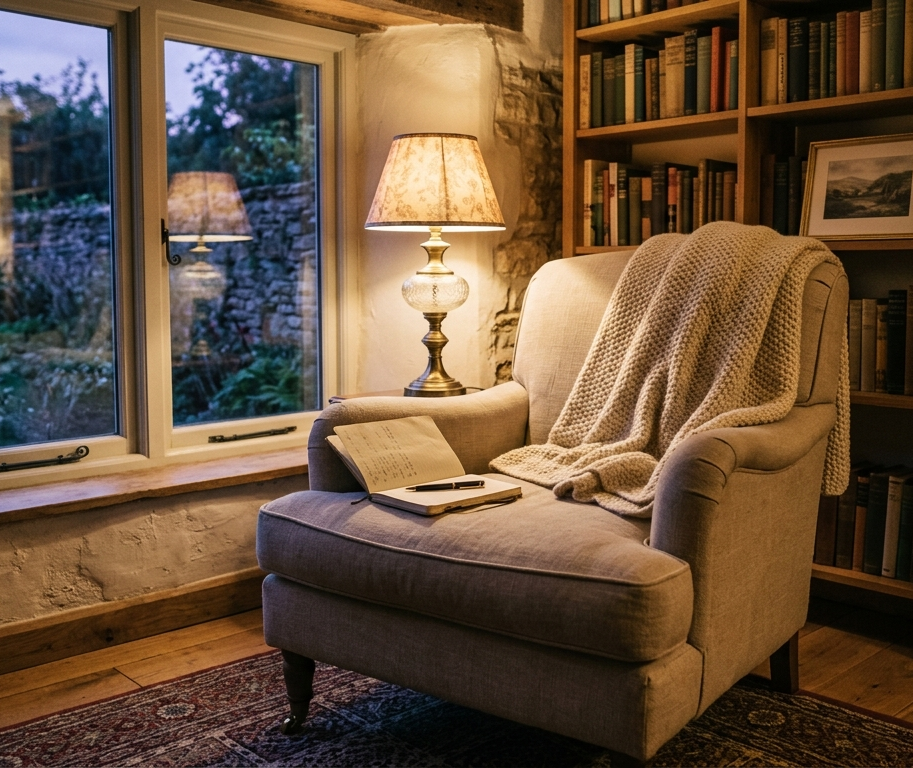 A quiet reading corner at dusk with a low warm side lamp, linen armchair, knitted throw and notebook